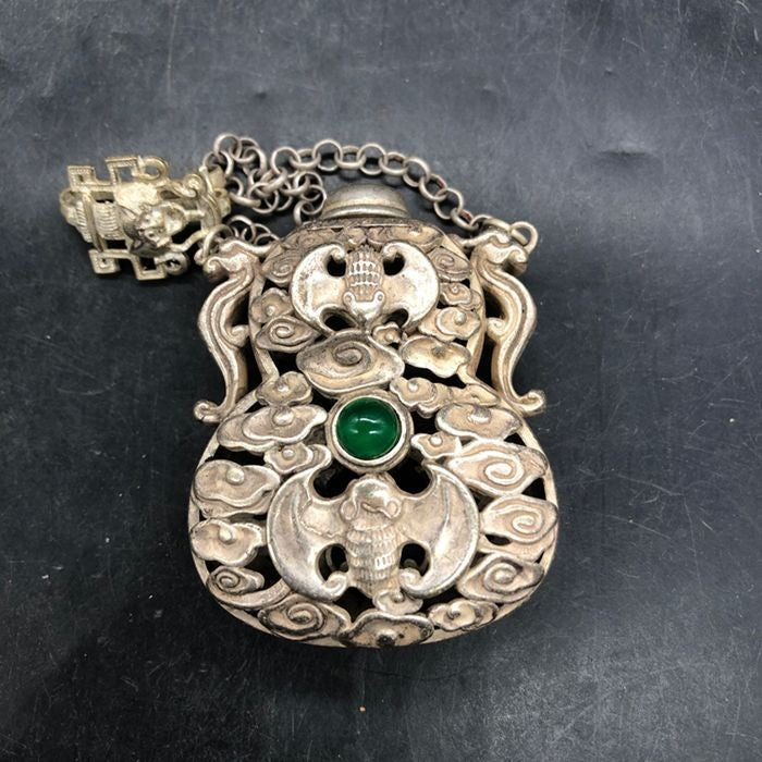 Vintage Chinese Silver Plated Copper Bat Openwork Incense Sachet Pendant