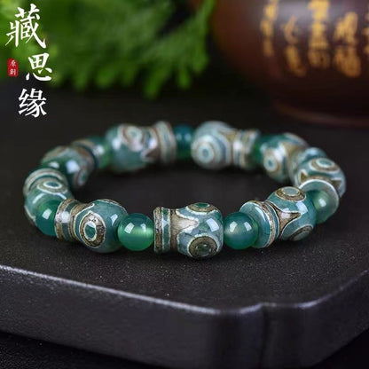 Tibetan Vintage Green Dzi Agate Vase Bracelet 3 Eye Bead Bracelet