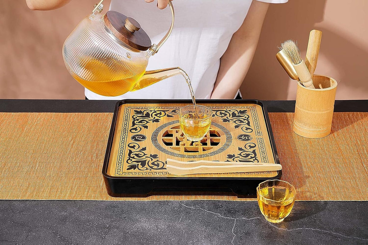 Bamboo GongFu Tea Tray Chinese Gongfu with Water Storage Tray (11"x11"x1.5")