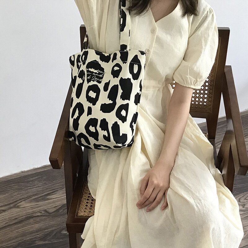 Pink Leopard Print Shoulder Bag Large Capacity Casual Cute Canvas Bucket Handbag