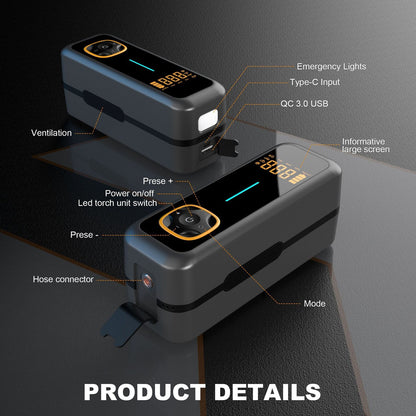 Digital display car mounted portable wireless tire inflation pump for vehicles