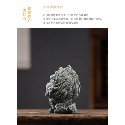 Green Sandstone Little Kylin Tea Pet Ornament 5.8cm 2.3in Kung Fu Tea Tray Decor