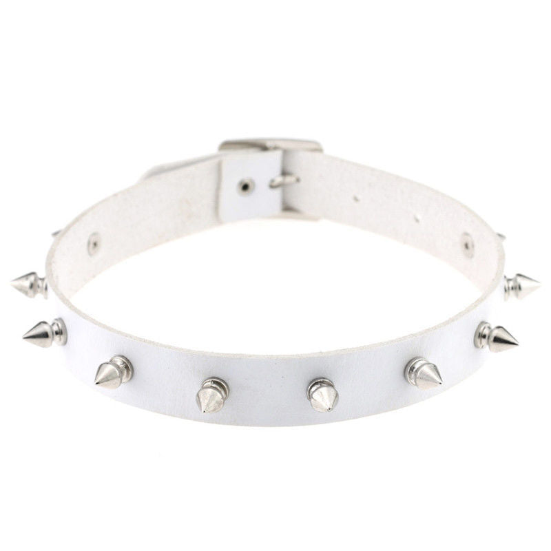 Gothic Punk White Pu Leather Spiked Rivet O-Ring Collar Stud Choker Necklace