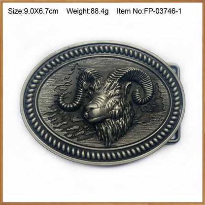 Belt Buckle Zinc Alloy Retro Western Goat Head Design Pewter Finishing 9.0x6.7cm