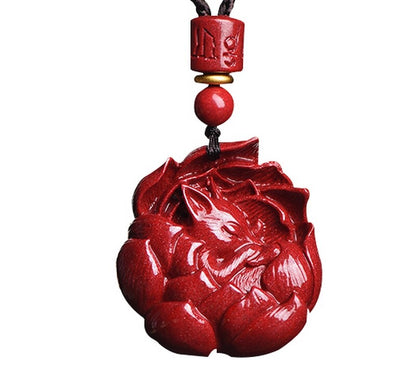 Natural Cinnabar Nine-tailed Fox Carved Pendant Necklace Feng Shui Amulet Decor