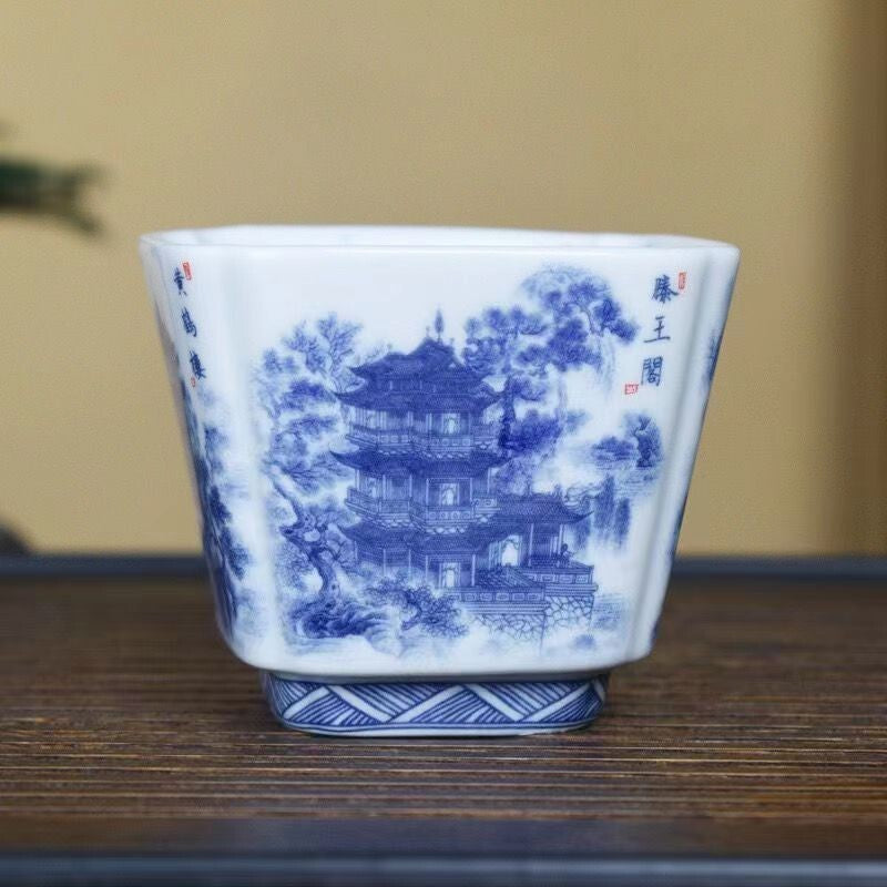 Chinese Jingdezhen Porcelain Blue and White Square Tea Cup：four Tower Decor