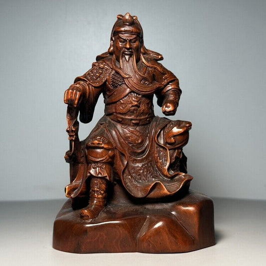Vintage Chinese Wooden Carved Guan Yu Figure Statue Woodwork Figurines Decor Art