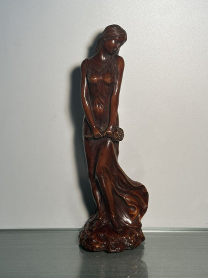 Chinese Boxwood Carved Sexy Beautiful Girl Statue Wood Figurines Home Decor Art