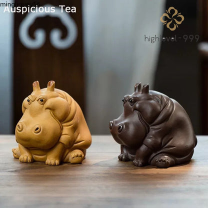 1pair Yixing Purple Clay Tea Pet Chinese LuckHippo Statue Ornaments Handmade