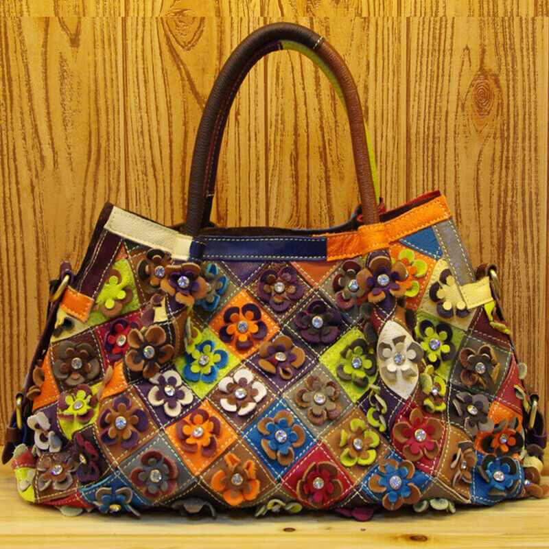 100% Genuine Leather Colorful Floral Patchwork Handbag Women's Tote Shoulder Bag