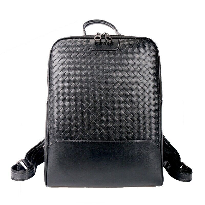 Top Cow Leathe Handmade Weaving Men's Backpack Black Travel Bag School Rucksack