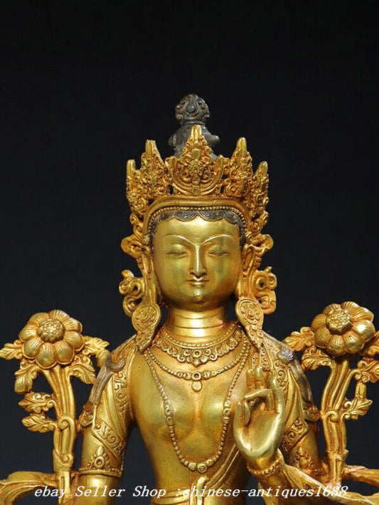 12.5'' Old Tibet Bronze Gilt Green Tara Mahayana Buddhism Goddess Buddha Statue