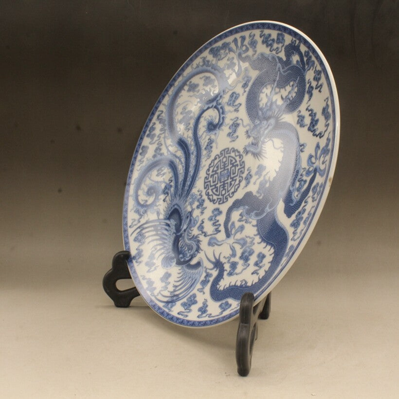 Old Chinese Blue and white Porcelain Hand painted Dragon phoenix plate