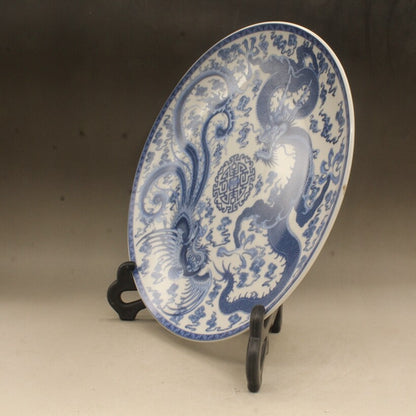 Old Chinese Blue and white Porcelain Hand painted Dragon phoenix plate