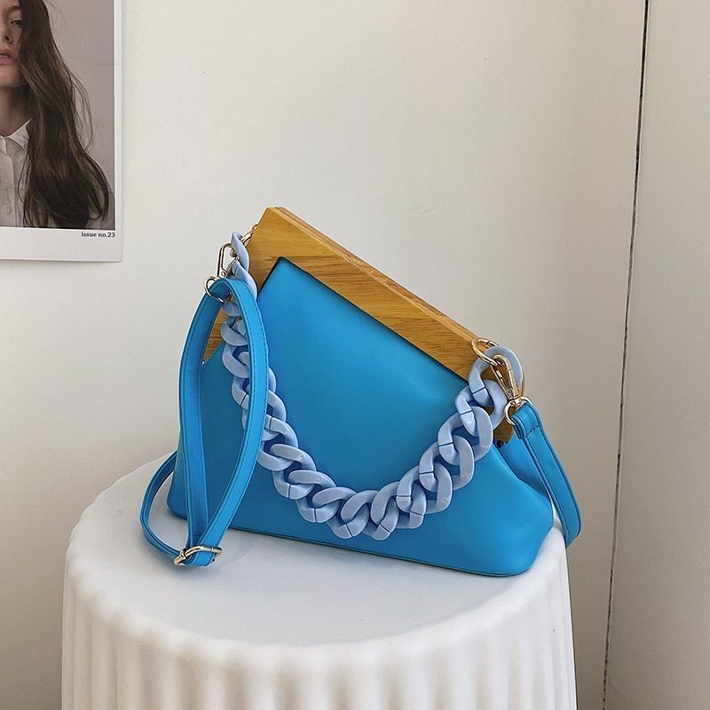 Handbag Thick Chain Triangle Design Leather Crossbody Bag Wooden Handle Purses