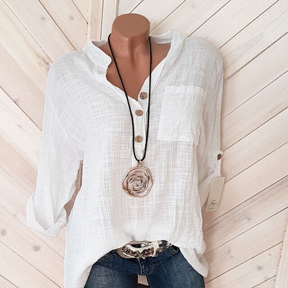 Womens Tunic Cotton Linen Pullover Blouse Tops Ladies Baggy Long Sleeve T-Shirt
