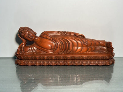 Chinese Wooden Carving Boxwood Reclining Buddha Statue Sculpture Home Decor Art
