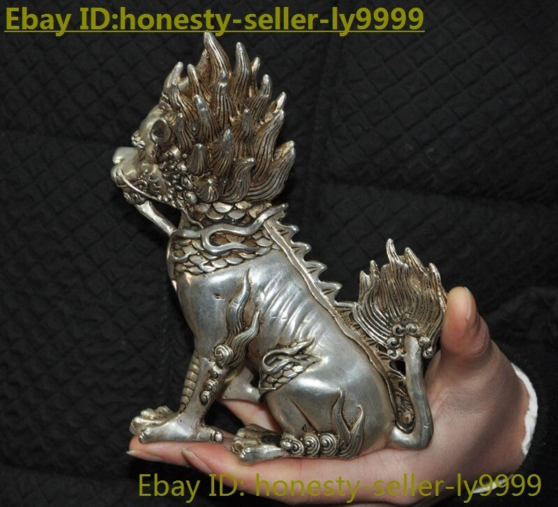 5.8" China Tibetan Silver Exorcize Kylin Kirin Chi-Lin Kilin Qilin Animal Statue
