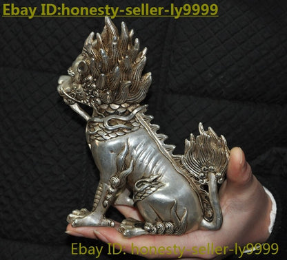 5.8" China Tibetan Silver Exorcize Kylin Kirin Chi-Lin Kilin Qilin Animal Statue