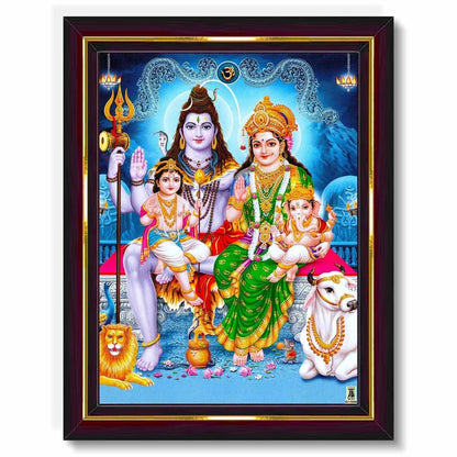 Lord Shiv Parivar Family HD Printed Religious Picture With Wooden Frame
