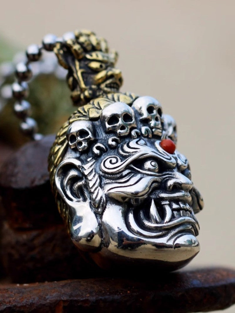 S925 Mahakala Avalokiteshvara Pendant Buddhist Protector Deity Skull Amulet