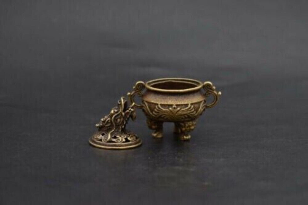 6 CM Pure Bronze Copper Foo Dog Lion Dragon Head Incense Censer Home Decoration