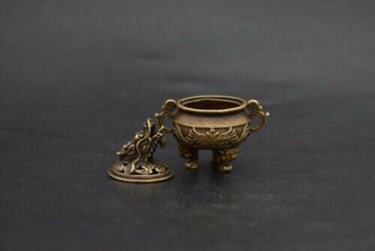 6 CM Pure Bronze Copper Foo Dog Lion Dragon Head Incense Censer Home Decoration
