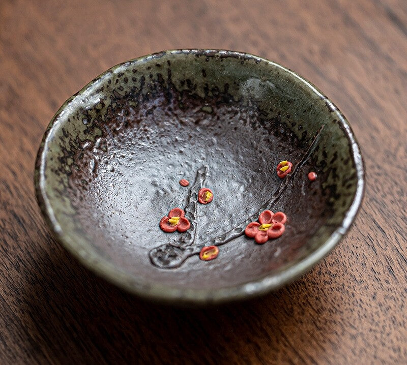 35ml Handmade Tea Cup Antique Style Kungfu Tea Cup Ceramic Crude Potery Floral