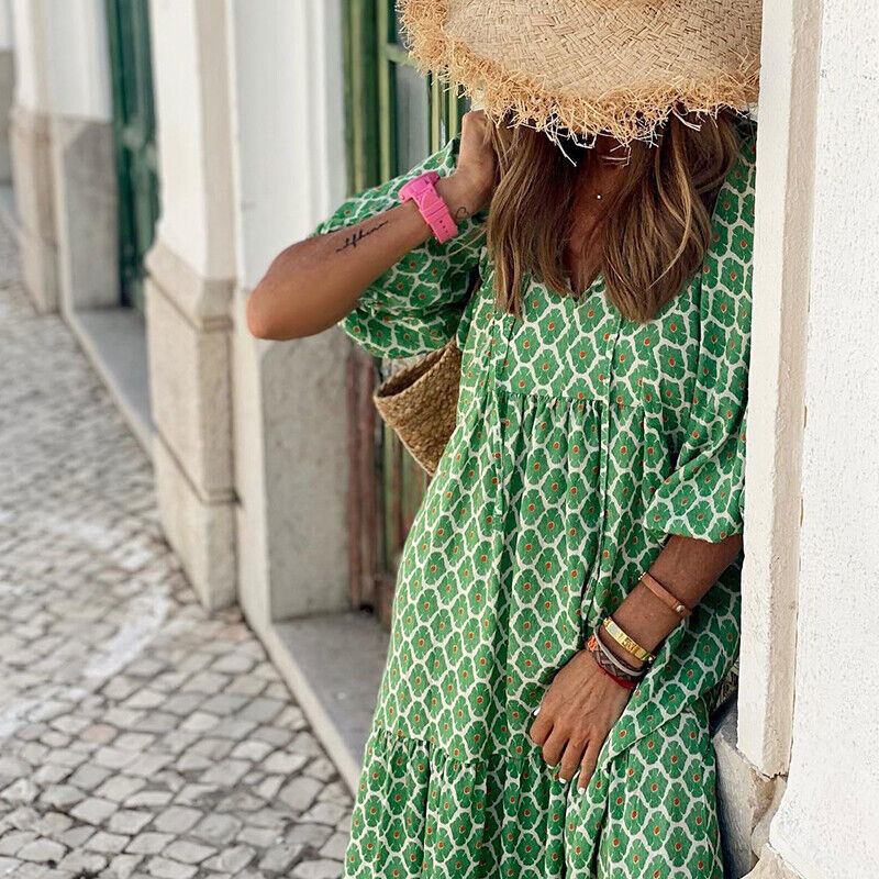 Women 3/4 Sleeve Maxi Dress Baggy Tunic V Neck Dresses Printed Boho Party Beach