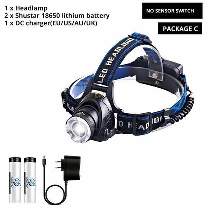 LED Headlamp Super Bright Sensor Zoomable Fishing Lamp Lighting 18650 Batteries