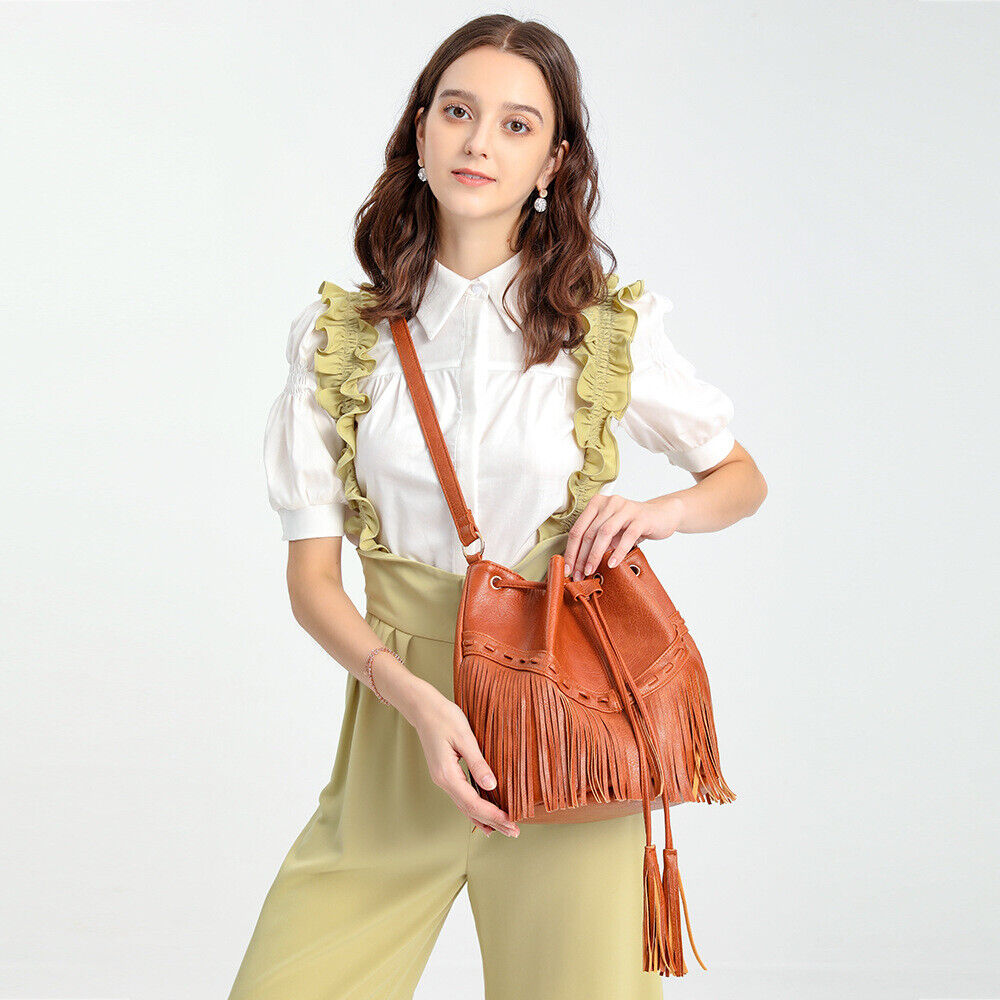 Women's Bag Casual Drawstring Tassel Bucket Bag PU Fringe Female Messenger Bag