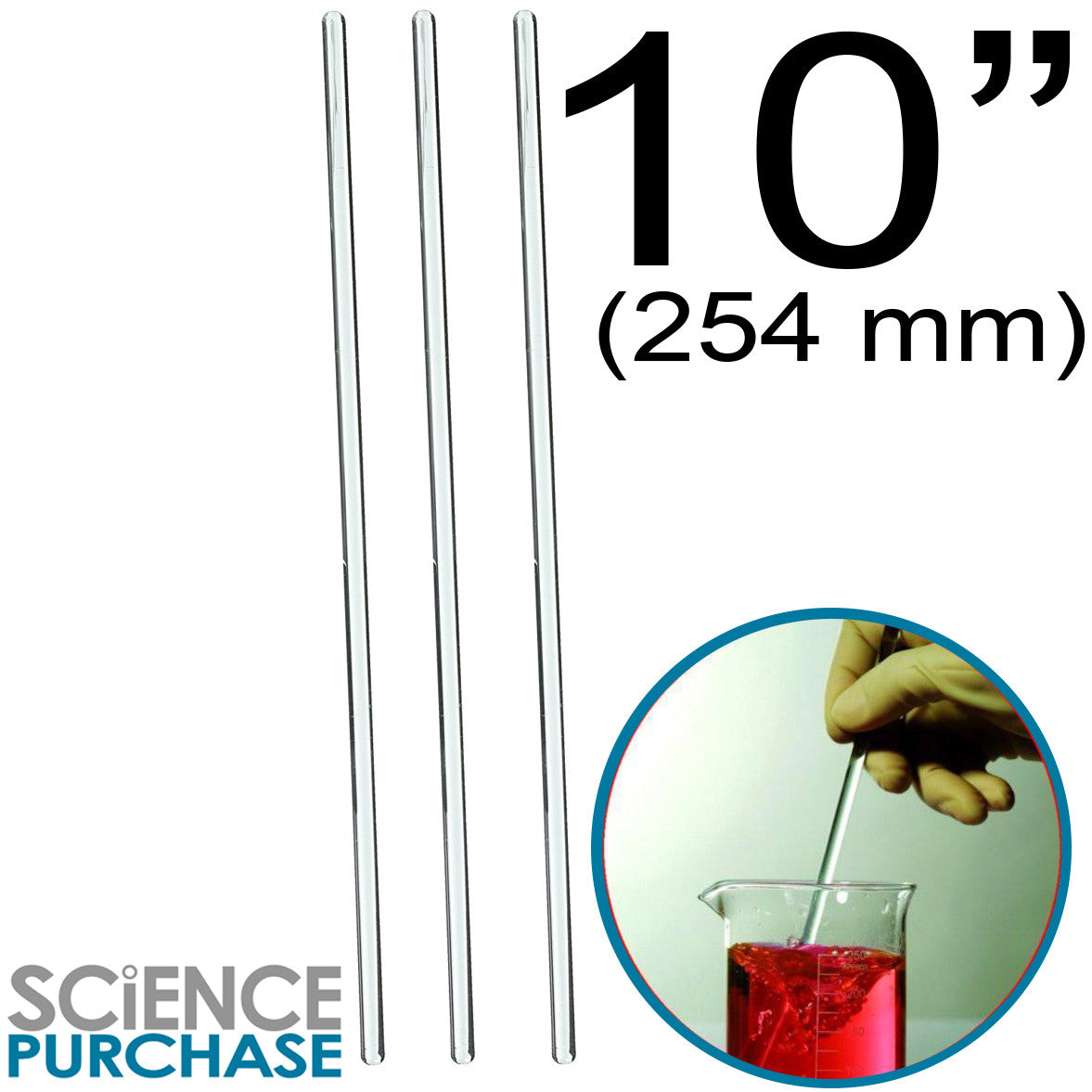 3 Pack Glass Stirring Rod - 10" Long, 0.25" Diameter