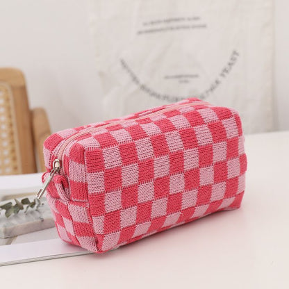Checkerboard Knitted Cosmetic Bag Large Lattice Makeup Plaid Storage Organizer