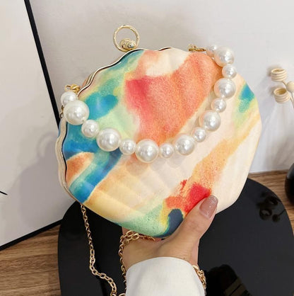 Evening Bags Shell Shape Clutch Bags Handbag Pearl Beaded Shell Chain Party Bags