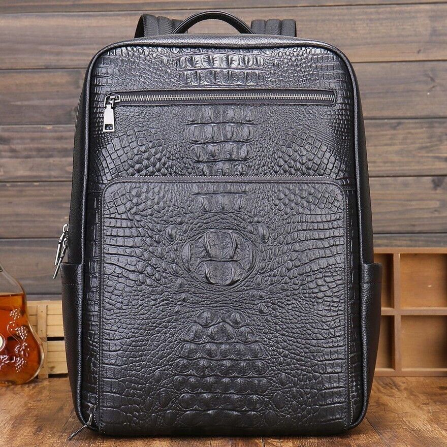 Top Cow Leather Black Men's Backpack, Crocodile Print Large Capacity Travel Bag