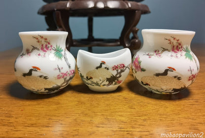 1set 3pcs New Asian Bamboo Bird Cage Red-crowned Crane Food Ceramics Cups 鸟食杯