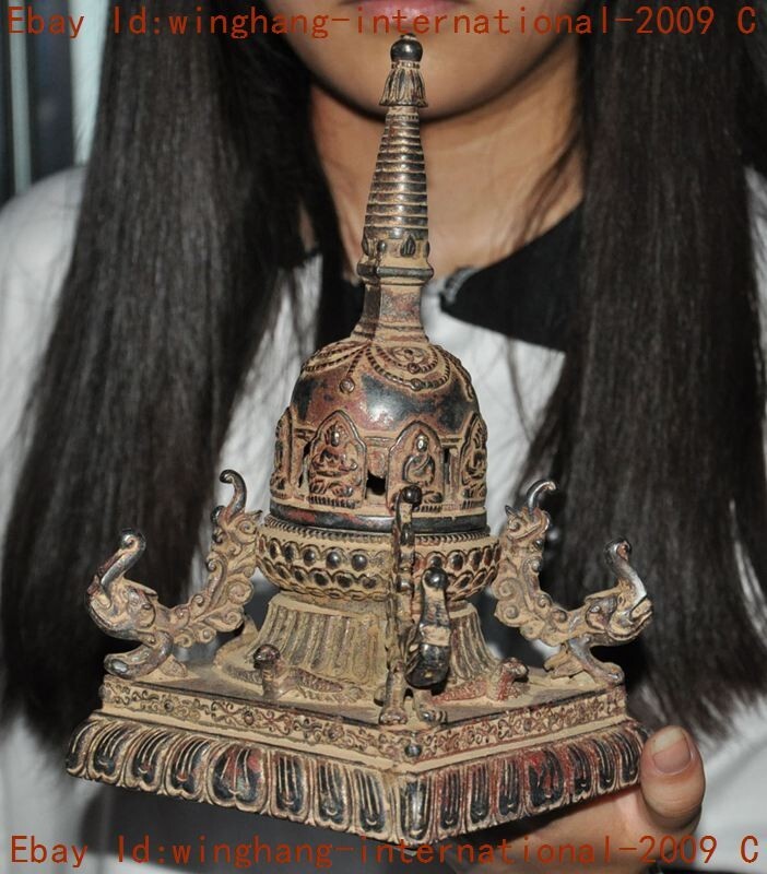 Tibet Buddhism Temple Bronze Gilt Sakyamuni Buddha Stupa Pagoda Tower Statue