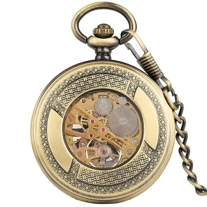 Luxury Classic Mens Pocket Watch Mechanical Black Steampunk Skeleton with Chain