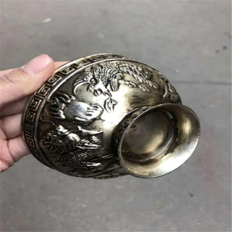 Tibet Dragon Phoenix Antique Copper Bowl Tea Bowl White Copper Carving