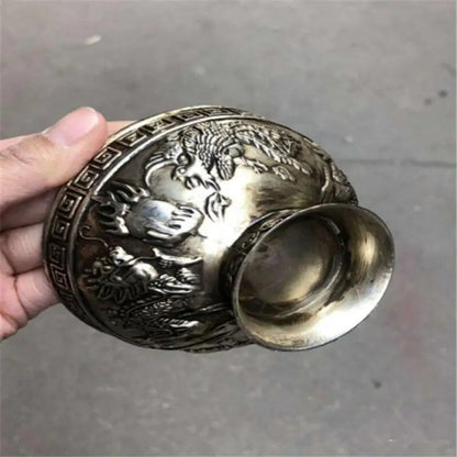 Tibet Dragon Phoenix Antique Copper Bowl Tea Bowl White Copper Carving