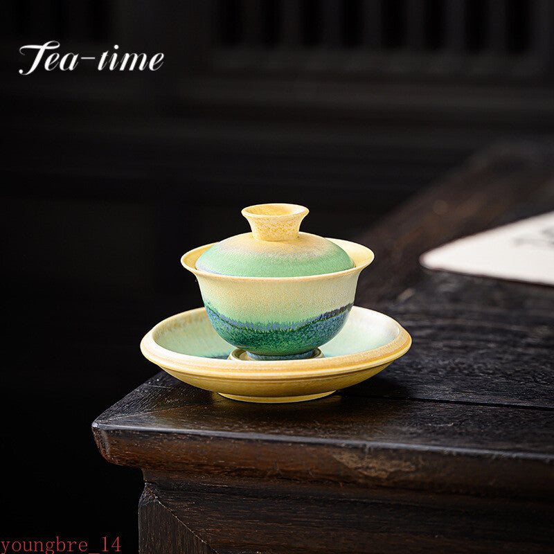 150ml Kiln Change Green Hill Ceramic Gaiwan Tea Set Tea Bowl Saucer Tea Tureen