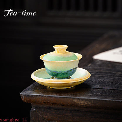 150ml Kiln Change Green Hill Ceramic Gaiwan Tea Set Tea Bowl Saucer Tea Tureen