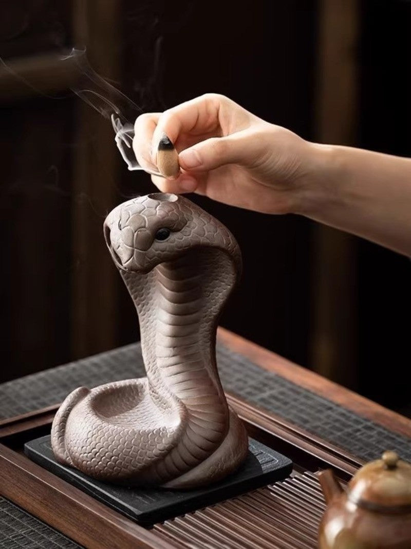 6.7" Porcelain Cobra Snake Statue Backflow Incense Burner Censer Home Decor