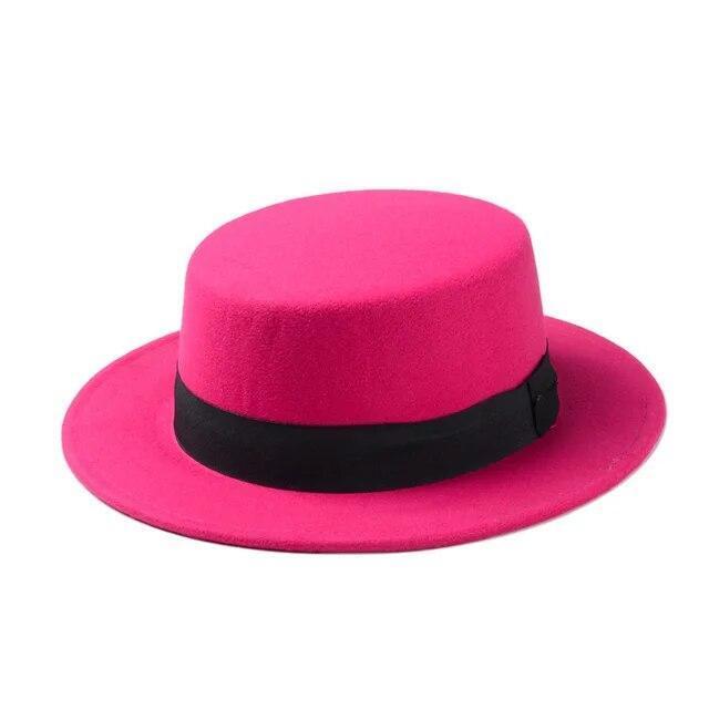 Flat Top Hat Wool Pork Pie Boater Fashion for Men Women Wide Brim Gambler Hat