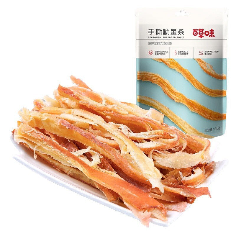 80g Baicaowei Hand-Pulled Squid Strips – 80g, Savory Chinese Snack Hand torn