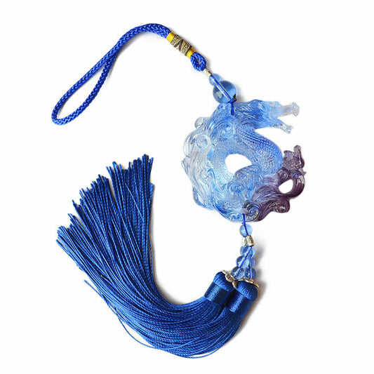 Liuli Blue Crystal Dragon Car Hanging Ornament Feng Shui Talisman Amulet Pendant