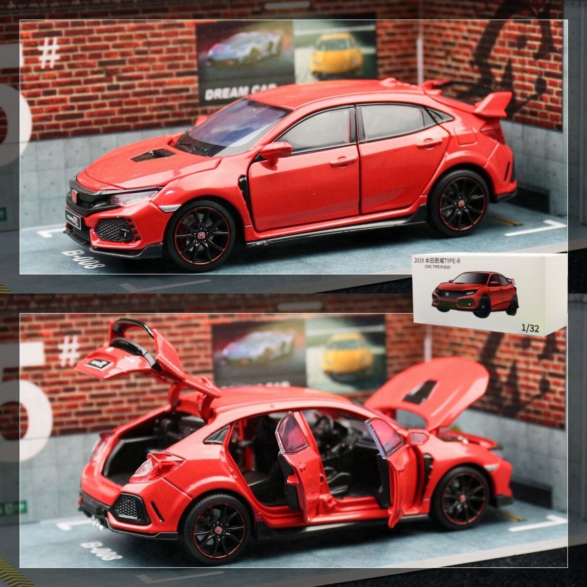 1:32 Diecast 2019 Honda Civic Type R Metal Car Model Toy Door Open Sound Light