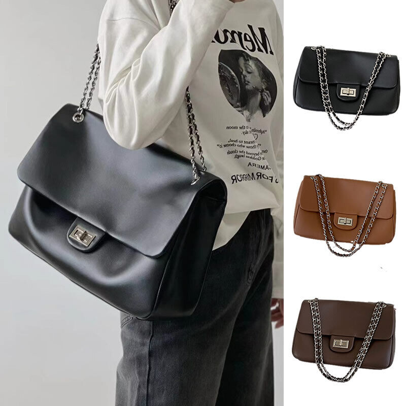 Real Leather Small Flap Purse Shoulder Bag Double Chains Crossbody Work Handbag