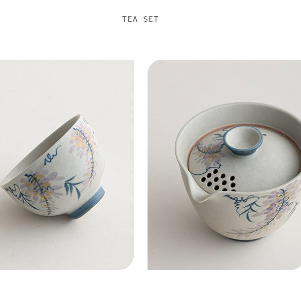 Portable Tea Set Ceramic Handpainted Tea Pot With Infuser Lid Matching Tea Cup
