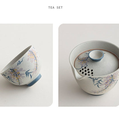 Portable Tea Set Ceramic Handpainted Tea Pot With Infuser Lid Matching Tea Cup